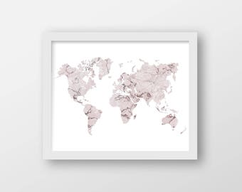 pink marble world map art print office decor home decor wall art