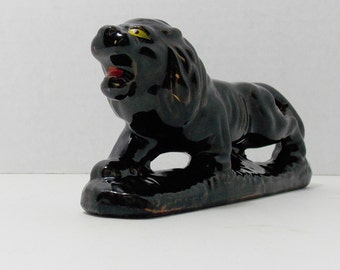 Black lion with gold accents, Red ware Lion, black cat, Red ware Japan, knick knack home decor small decorating piece