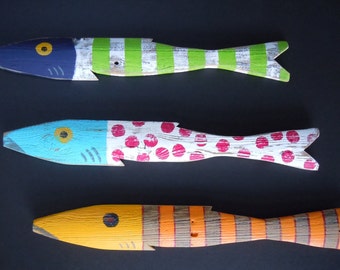 Set of 3 Whimsical Fish Art Hand Painted Reclaimed Wood Beach Cottage Cabin Decor