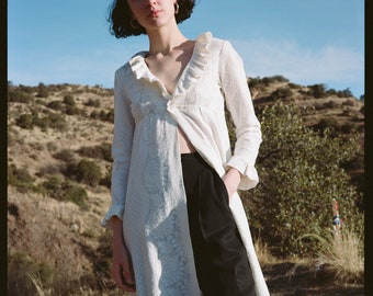 White Cotton Ruffle Neck House Coat