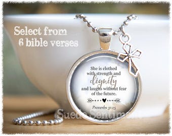 Inspirational Jewelry • Bible Verse Pendant • I Can Do All Things • Religious Jewelry • She Is Clothed With Strength