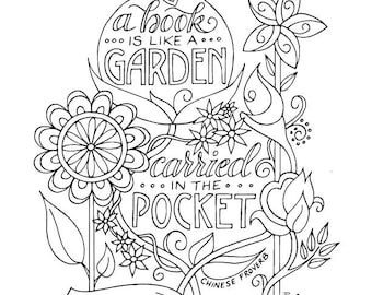 Book Garden Coloring Page Planner Bullet Journal Insert Instant Download Printable PDF Reading Quotes