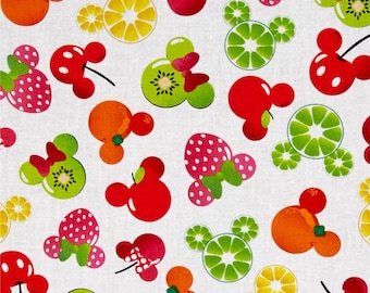 IN STOCK Disney Fabric: Disney Mickey Mouse, Mickey and Friends, Mickey Minnie Fruit on White 100% cotton fabric by the yard 36"x43" (A296)