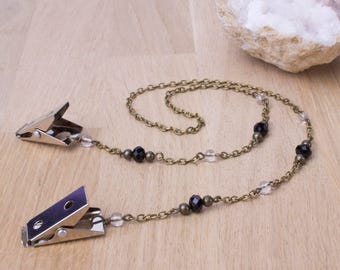 Napkin chain clips - Quartz and black bead bronze serviette clip napkin holder | Foodie gift | Gemstone napkin cord | Napkin neck chain