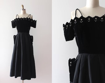 vintage 1950s evening dress // 50s pointed scalloped velvet and acetate party dress