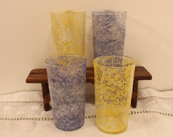 Vintage Set Of Four Spaghetti String Tumblers Yellow And Blue Mid-Century