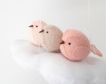 Modern nursery decor. pink and peach baby mobile - cloud and birds
