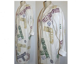 1980's 90s Long Cotton Coat / Hand Painted Oversized Duster OOAK Art to Wear / 1990s 80s / Vintage one size