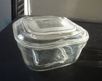 Vintage Covered Refrigerator Dish - Mid Century Modern 1950s - Decorated Pressed Glass Box with Lid