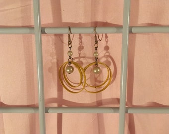 Yellow and Pearl 1980s Hoop Earrings.