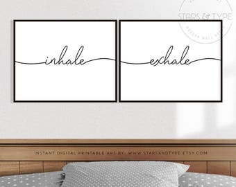 Inhale Exhale, PRINTABLE Wall Art, Set of 2 Two, Horizontal Landscape Format, Bedroom Sign Decor, Yoga Relaxation Breathe, Digital Print Jpg