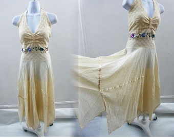 Vintage Mexican Halter Dress Size M L Cream Cotton Tribal Hippie Boho Wedding