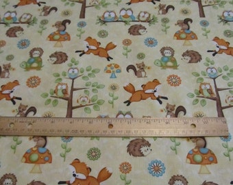Yellow Woodland/Fox/Possum/Turtle/Owl/Tree Cotton Fabric by the Yard