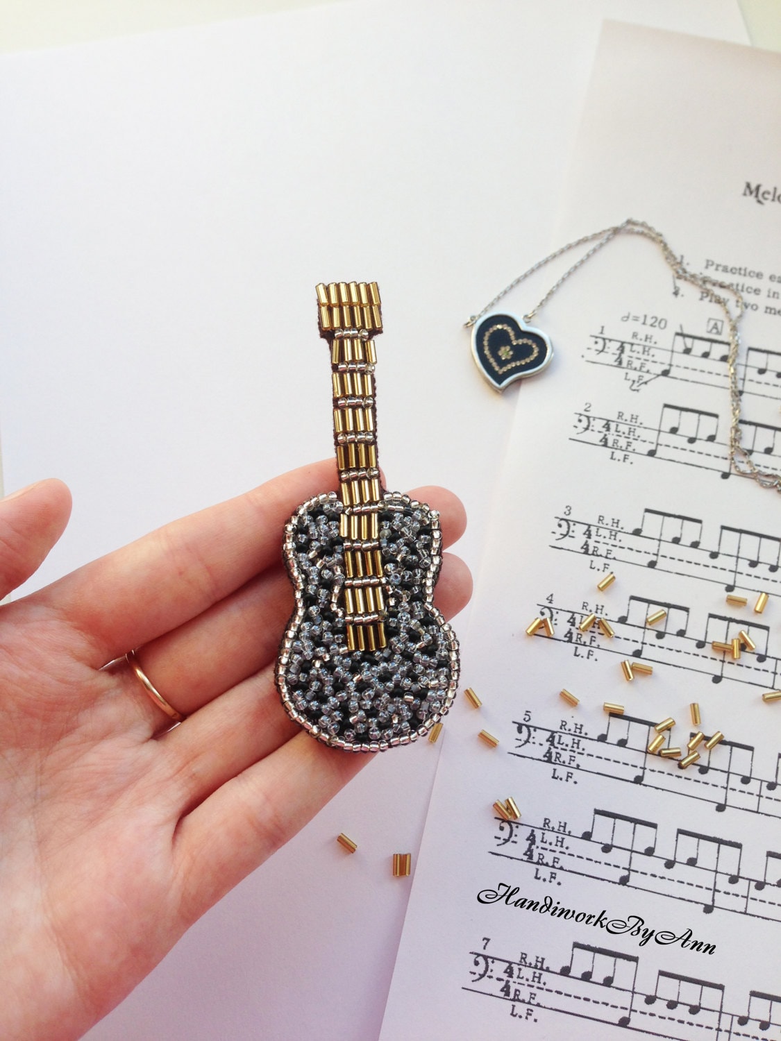 Guitar Brooch Bead Embroidery Brooch Handmade Brooch