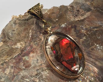 Oval, Gold, 3D, Red Ammolite, Resin Pendant