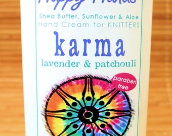 Scented Shea Butter Hand Lotion - Karma Lavender Patchouli Fragrance - Hand Cream for Knitters Happy Hands Knitting