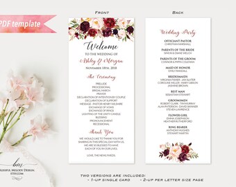 Printable Burgundy Floral Double Sided Long Wedding Program, Editable 4x9" Pink Ceremony Program Template, DIY Instant Download #01