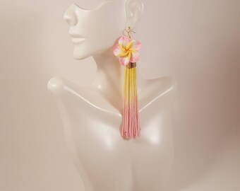 Pink and yellow tassel earrings, light pink earrings, baby pink earrings, tassel earrings gift for girlfriend, anniversary gifts for women