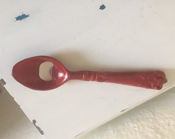 Metal spoon bottle opener, red distressed, Sale