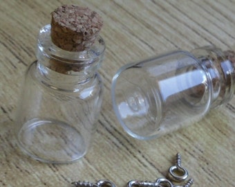 5 x fioles en verre avec bouchons en liège et pitons en acier dimensions 22 x 15 mm