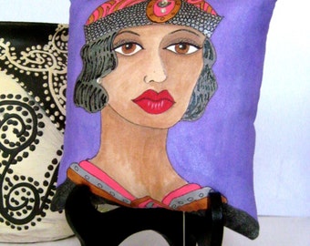 ALICE Art Deco PILLOW, hand painted pillow, art deco hat, roaring twenties, Paris woman, NYC woman, rhinestones, gift for her, purple bkgd
