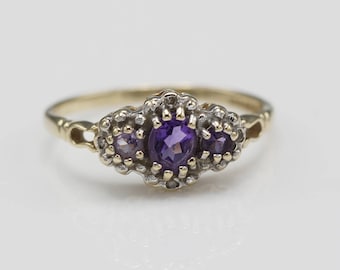 Ornate 9ct Gold Amethyst and Diamond Ladies Ring Cluster Ring UK Size P 1/2 US 8