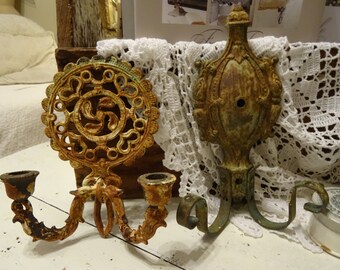 Vintage Pair Shabby Cottage Metal Candle Holders Hooks Sconce