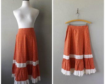 Floral Praire Skirt Vintage 70s High Waisted Cotton Ruffle Skirt S/M Small Medium Small Flower Print Lace Hippie Boho 1970s Country Hippy
