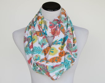 Feathers scarf feather print scarf infinity scarf soft jersey knit scarf autumn colors scarf boho bohemian pastel teal orange yellow white