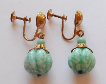 Vintage Green Peking Glass Art Glass Melon Shape Bead Gold Tone Earrings