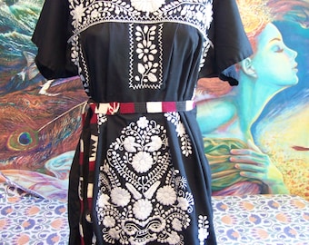 Mexican Dress, Embroidered, Black, Frida, knee length L