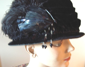 All Original Early Teens Era Velvet "Suffragette" Hat Ostrich/Bead Trim Item #795 Hats