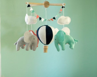 Baby mobile, Elephant mobile, Hot Air Balloon mobile, crib mobile, Balloon Nursery Decor, coral and navy baby room decor, Baby Shower Gift
