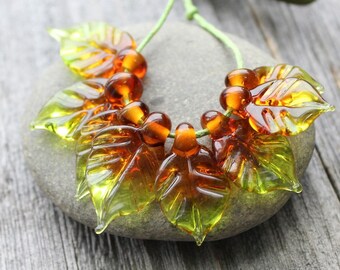 Leaf Beads, Lampwork Leaves Set 5 psc, Leaf Lampwork Beads, Glass Beads, Lampwork Beads, Lampwork Leaves Beads, Leaf Lampwork