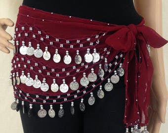 Belly Dance Hip Scarf 3 Rows Silver Jingle Coins / Belly Dance Skirt / Arabian Costume Scarf / Performance Skirt
