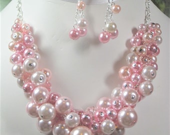 Pearl Cluster Necklace in Shades of Rose and Pink- Chunky, Choker, Bib, Necklace, Wedding, Bridal, Bridesmaid