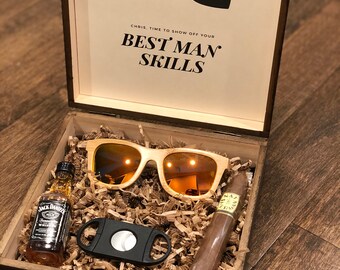 Personalized Groomsmen Gift Box with Wooden Sunglasses & Cigar Cutter | Groomsman Gift Box | Unique Gift Set for Groomsmen and Ushers