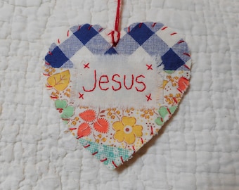 Wordz From the Heart Snippet Ornament - JESUS - Stitched From Recycled Vintage Quilt Piece