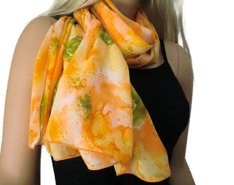 Sunny Orange and yellow long floral chiffon scarf -Parisian Neck Tissu