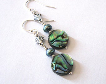 Abalone, Freshwater Pearl Earrings Sterling Silver Sea Shell, Tropical Resort Jewelry, Ear Wire Options