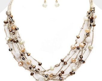 Multi Strand Multi Bead Bib Necklace Natural