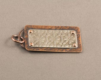 Mixed Metal Pendant Necklace, Sterling Silver Pendant, Copper Pendant, Floral Pendant, Patterned Pendant, Textured Pendant, Riveted Pendant,