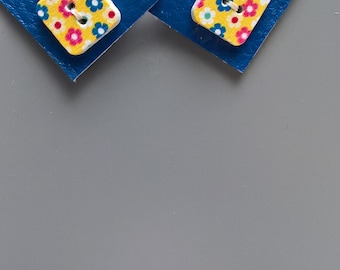 Earring square imitation navy blue leather