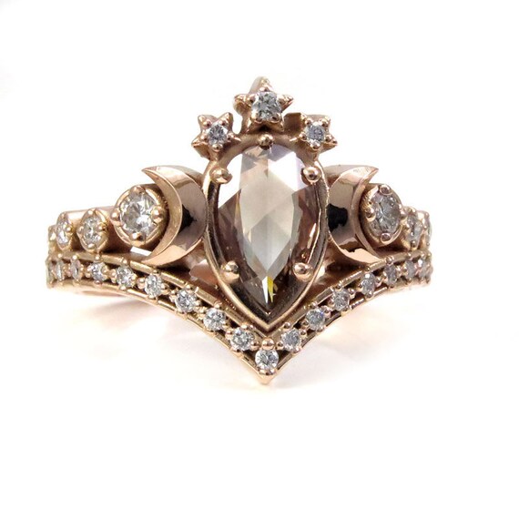 Lunar Priestess Diamond Engagement Ring with Rose Cut Pear Champagne Diamond