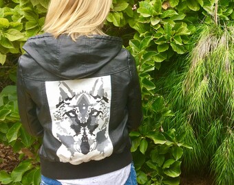 Wolf Rorschach Inkblot Test Faux-leather Hoodie Jacket, size M/L