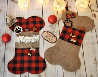 Puppy Dog Christmas Stocking - Bone Stocking Burlap and Buffalo Plaid - Hand-Crafted Dog Bone Pet Stockings - Personalized Holiday Stocking