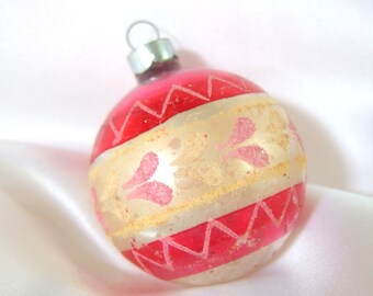 Vintage Red and Silver Christmas Ornament with Pink and Yellow Hearts, USA Ornament