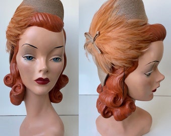 RESERVED | 1940's Swiss Milan Lustrous Taupe Straw Calot Tilt Hat with Peachy Feather Detail