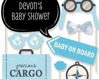 20 Baby Shower Photo Booth Props - Precious Cargo Blue Kit with Mustache, Hat, Bow Tie, Glasses and Custom Talk Bubble in Black and White
