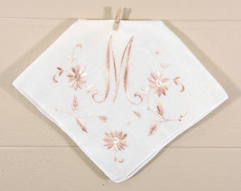 Vintage M Monogrammed Ladies Hankie / Brown Monogrammed Hankerchief / White Brown Hankie